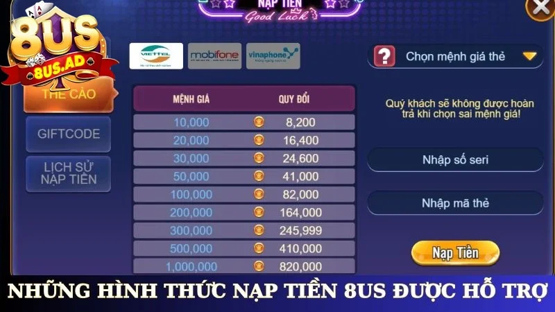Những hình thức nạp tiền 8Us được hỗ trợ